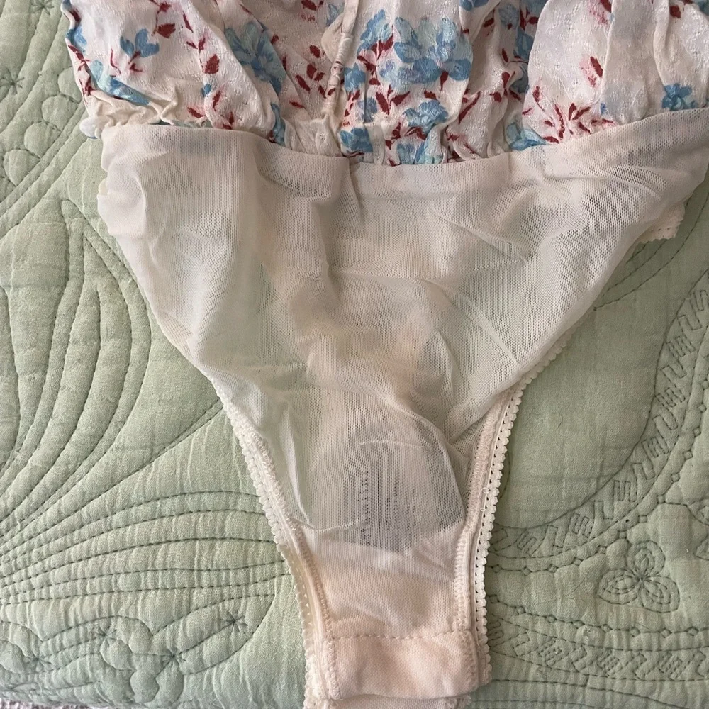 Free People Floral Lace Bodysuit - Cream and Blue